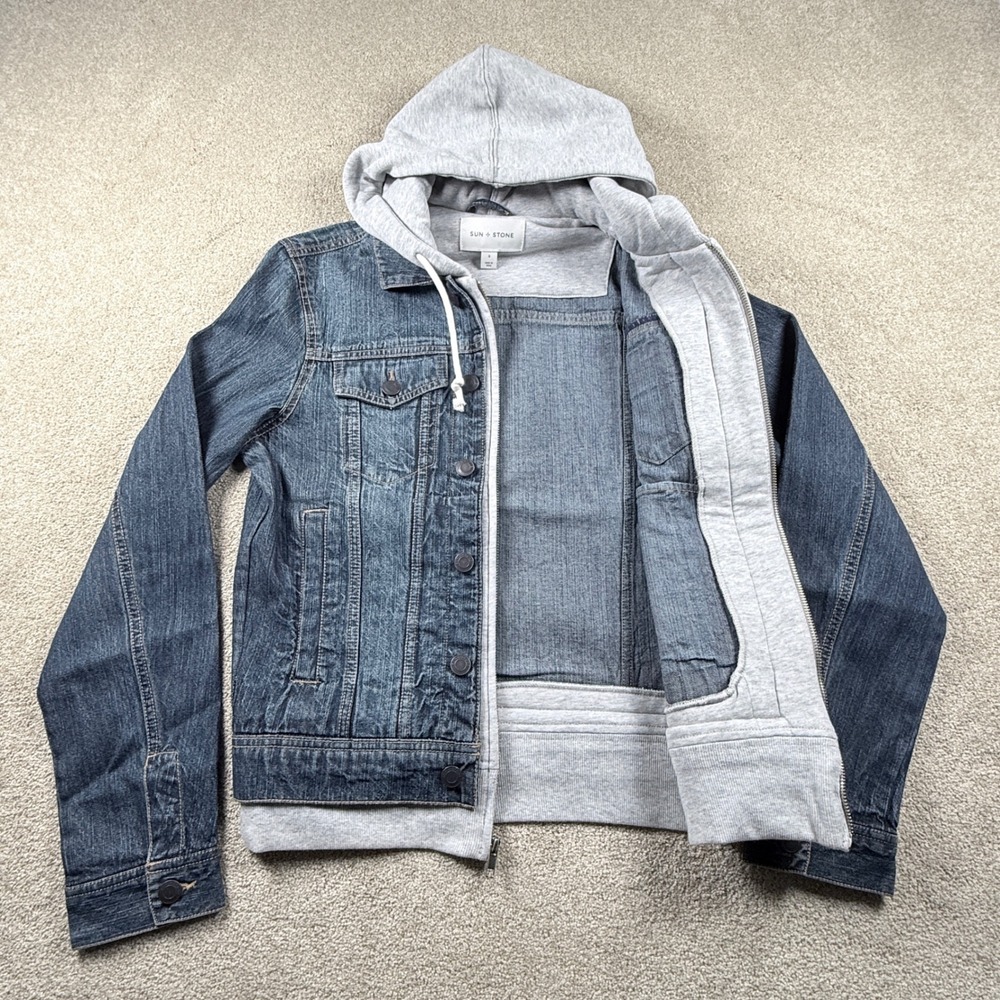 Sun + Stone Denim Jacket Men Small Blue Hooded Tsunami Wash New - Picture 4 of 9